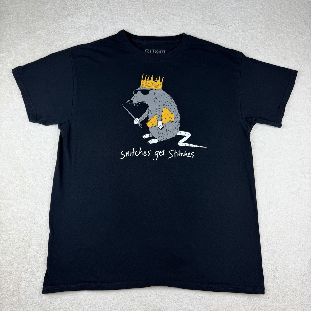 Riot Society Short Sleeve T-Shirt Men's Black Graphic Snitches Get Stitches Sz L